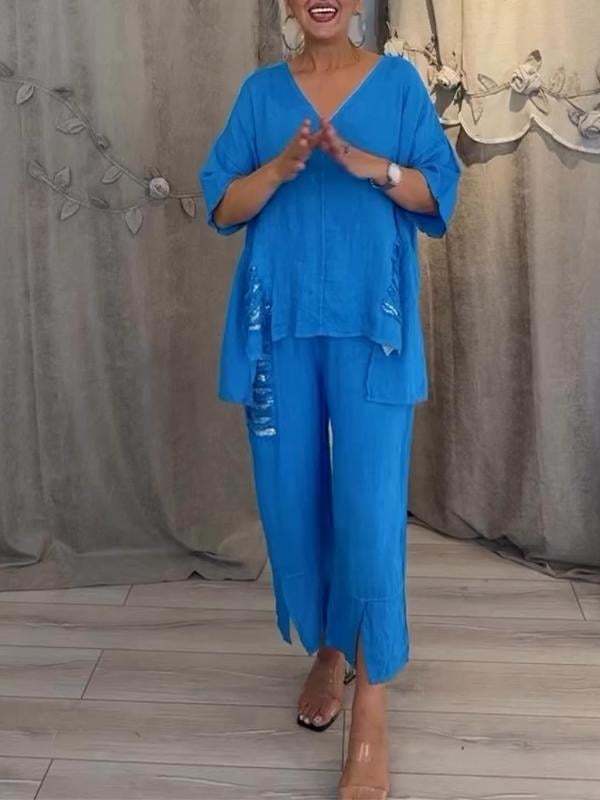 V-Neck Top and Cropped Pants Set