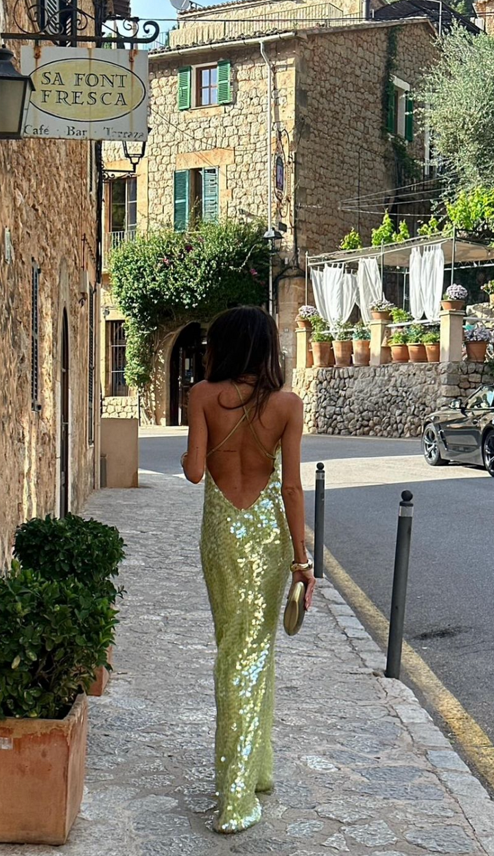 Abito lungo senza schiena con paillettes per matrimoni serali