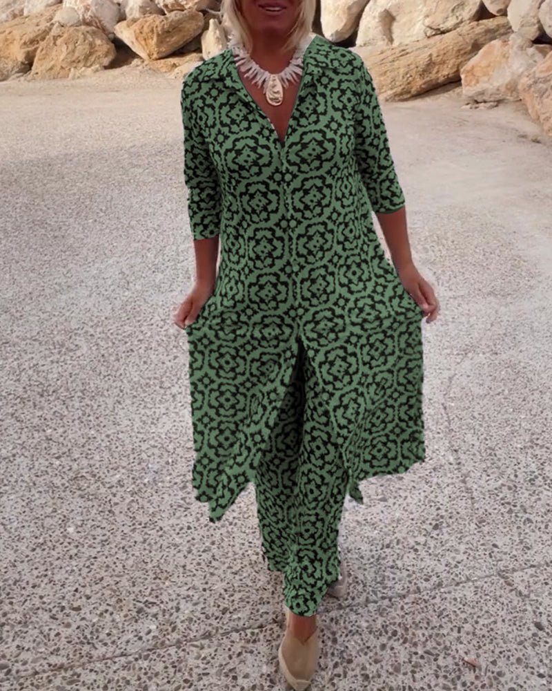 Conjunto de camisa larga estampada y pantalones rectos