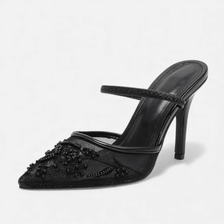 Women’s Elegant Airy Stable Formal Mesh Heels with Embroidered Floral Design