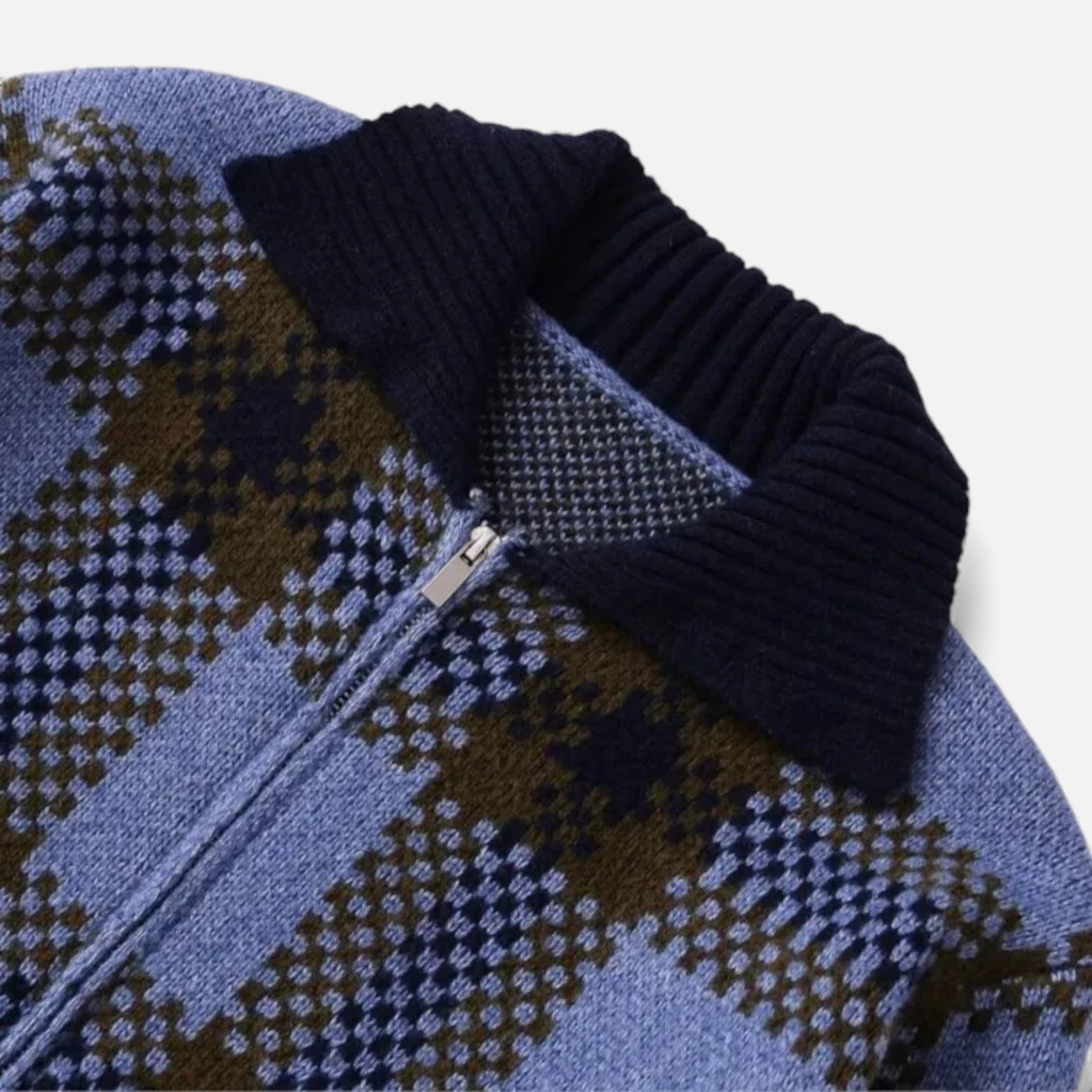Women's Plaid Knitted Zipper Jacket with Turn-Down Collar