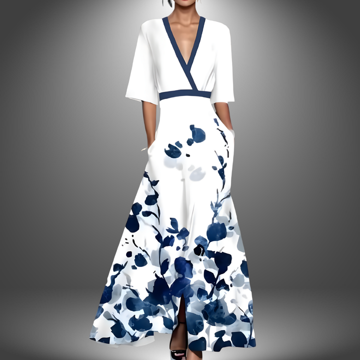 Vestido largo femenino de día con escote en V favorecedor y estampado floral soleado llamativo