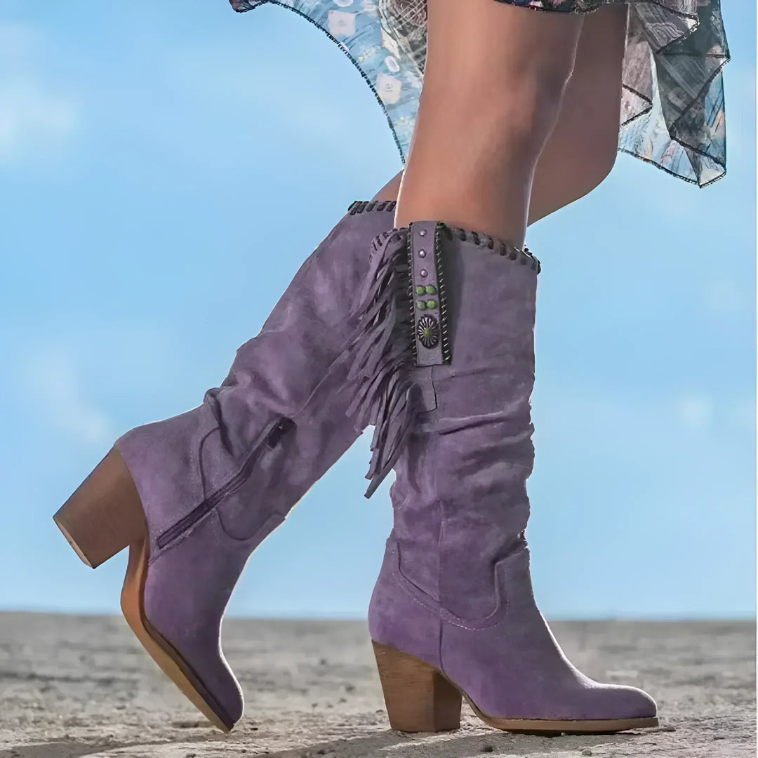 Casual Women's Knee High Boots with Sturdy Block Heel and Fringe Details