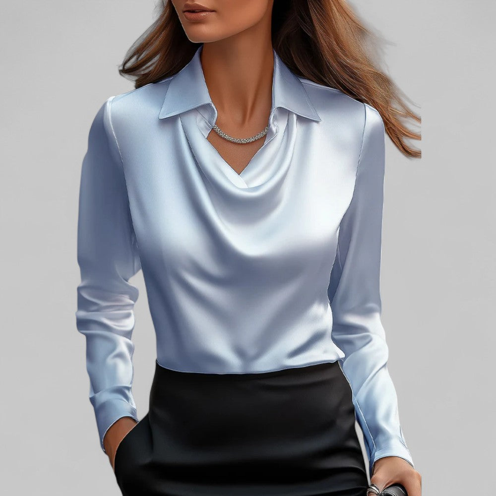 Satin Blouse with Draped Neckline and Long Sleeves