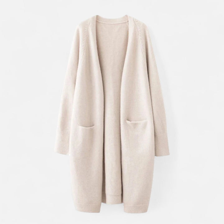 Women’s Warm V-Neckline Knitted Seasonal Long Cardigan with Functional Pockets