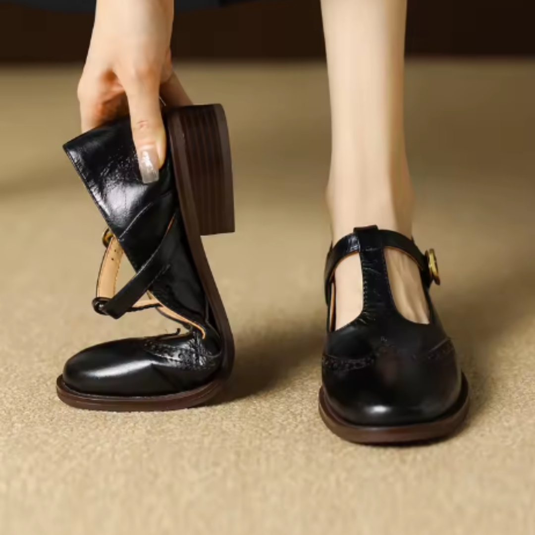 Leather T-Strap Block Heel Shoes