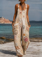 Foxglove | Retro Art Print Washed Patchwork Jumpsuit