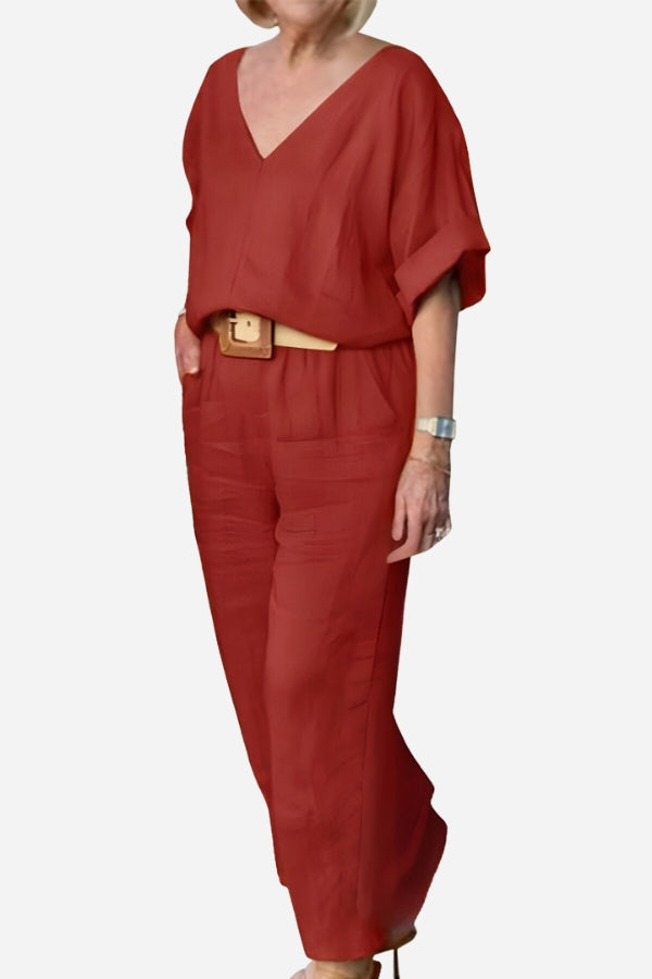 V-Neck Batwing Top and Straight-Leg Pants Set