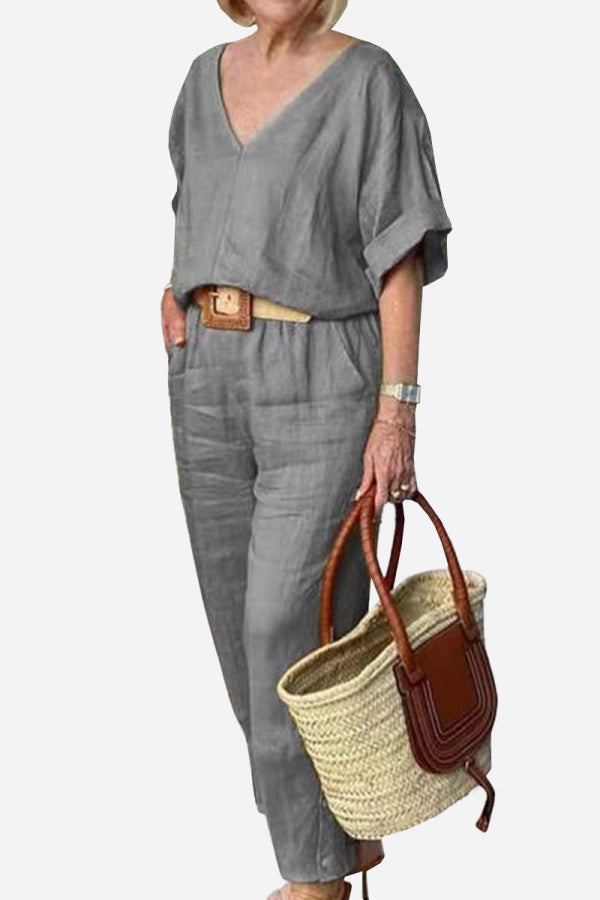 V-Neck Batwing Top and Straight-Leg Pants Set