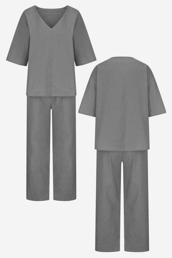 V-Neck Batwing Top and Straight-Leg Pants Set