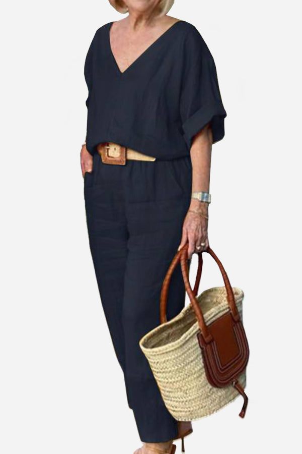 V-Neck Batwing Top and Straight-Leg Pants Set