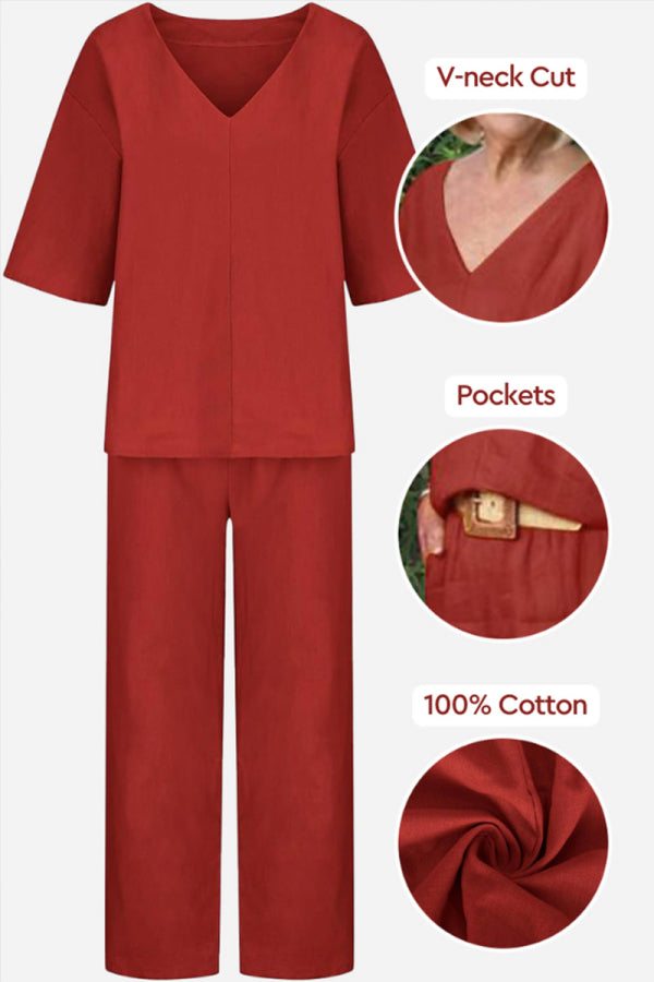 V-Neck Batwing Top and Straight-Leg Pants Set