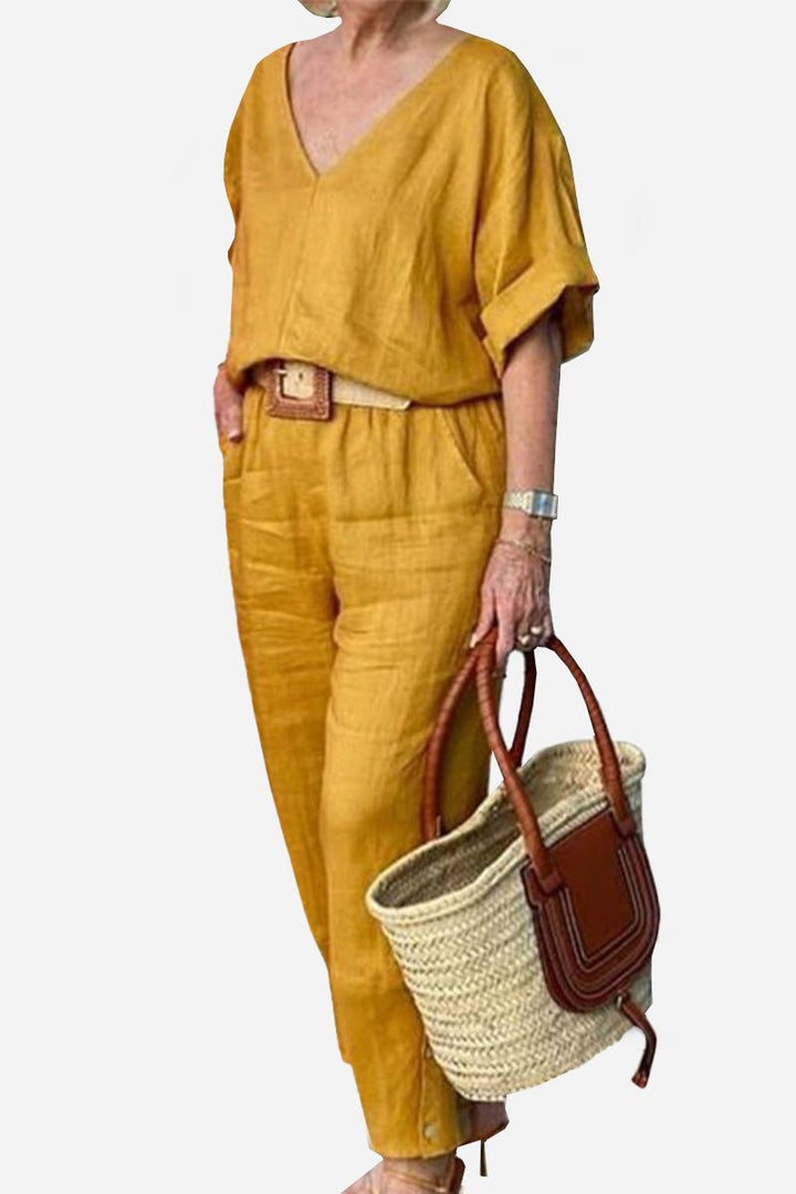 V-Neck Batwing Top and Straight-Leg Pants Set