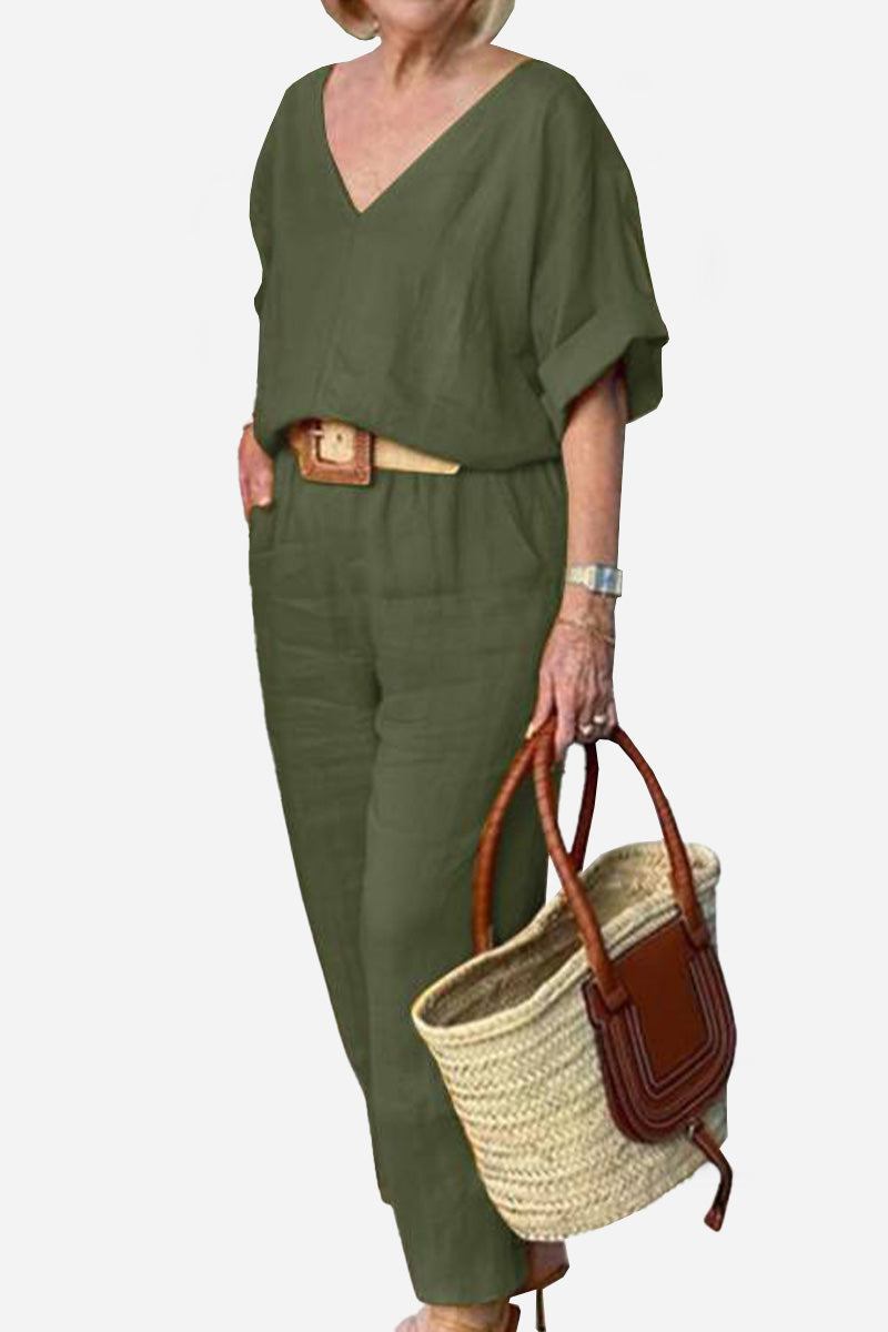V-Neck Batwing Top and Straight-Leg Pants Set