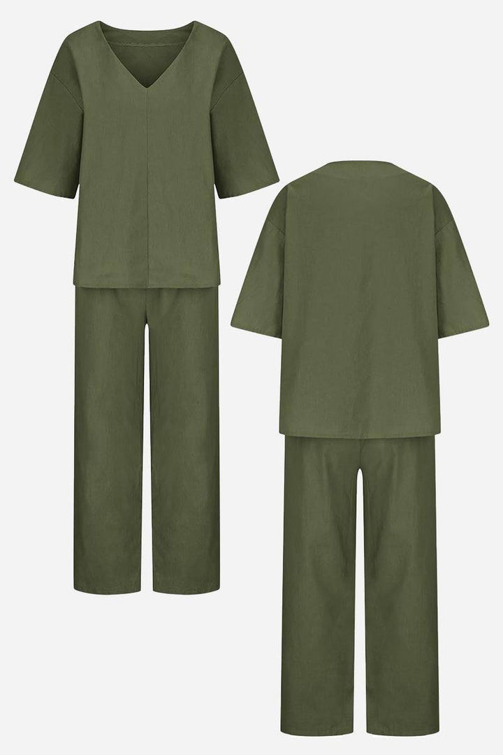 V-Neck Batwing Top and Straight-Leg Pants Set