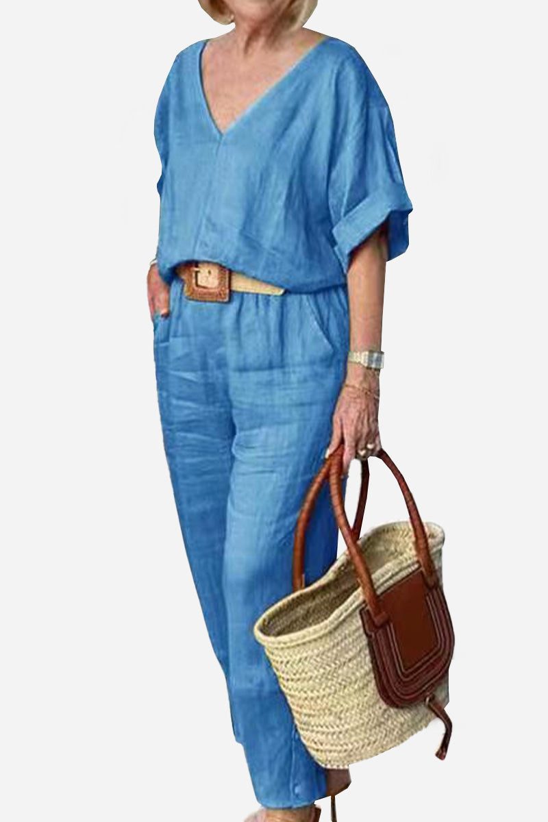 V-Neck Batwing Top and Straight-Leg Pants Set