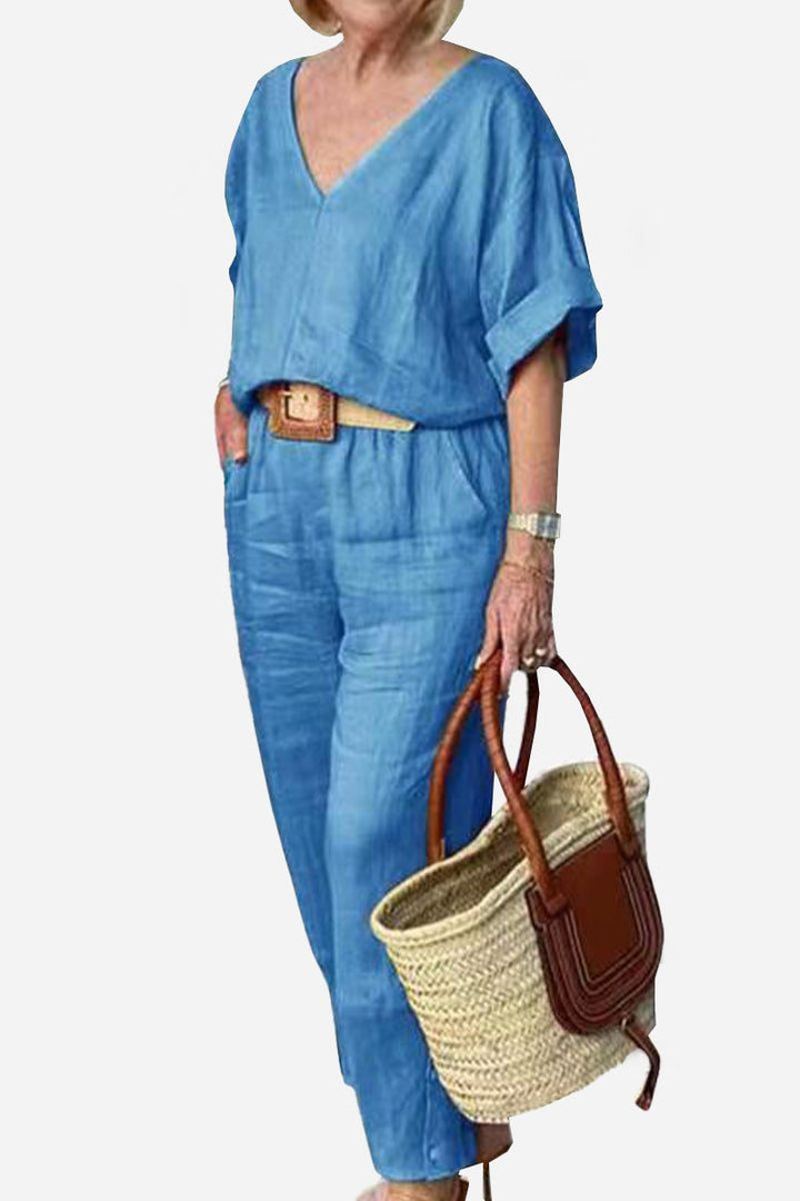 V-Neck Batwing Top and Straight-Leg Pants Set