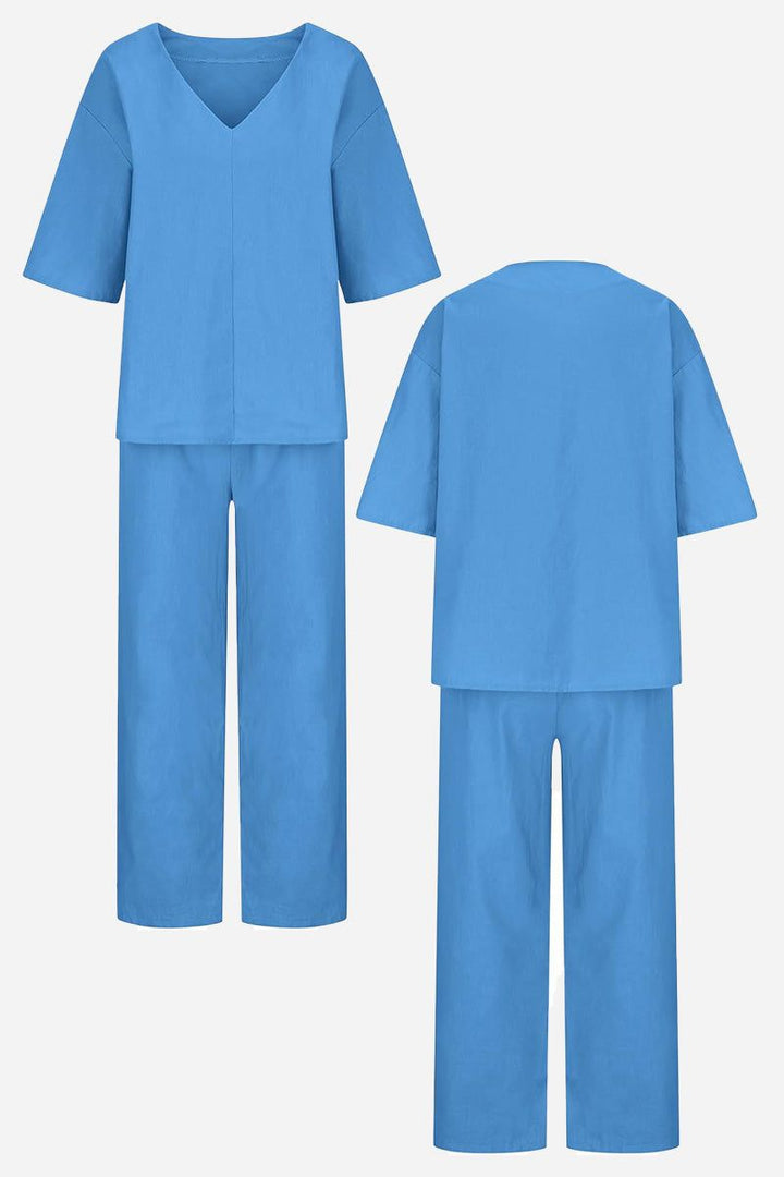 V-Neck Batwing Top and Straight-Leg Pants Set