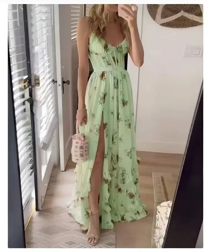 Floral Wedding Guest Maxi Dress with Feminine Detail