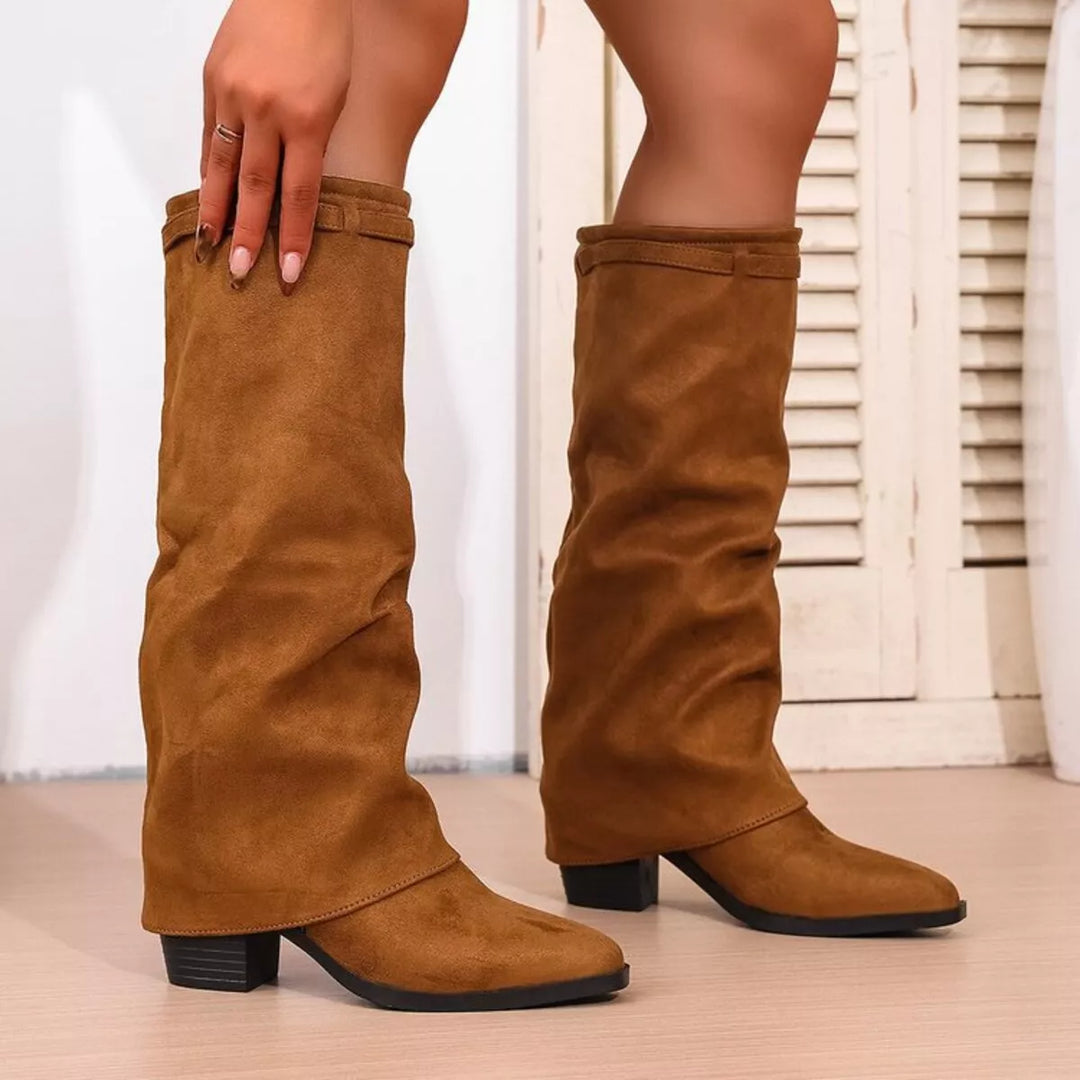 Botas elegantes para mujer hasta la rodilla con punta afilada y tacones bloque