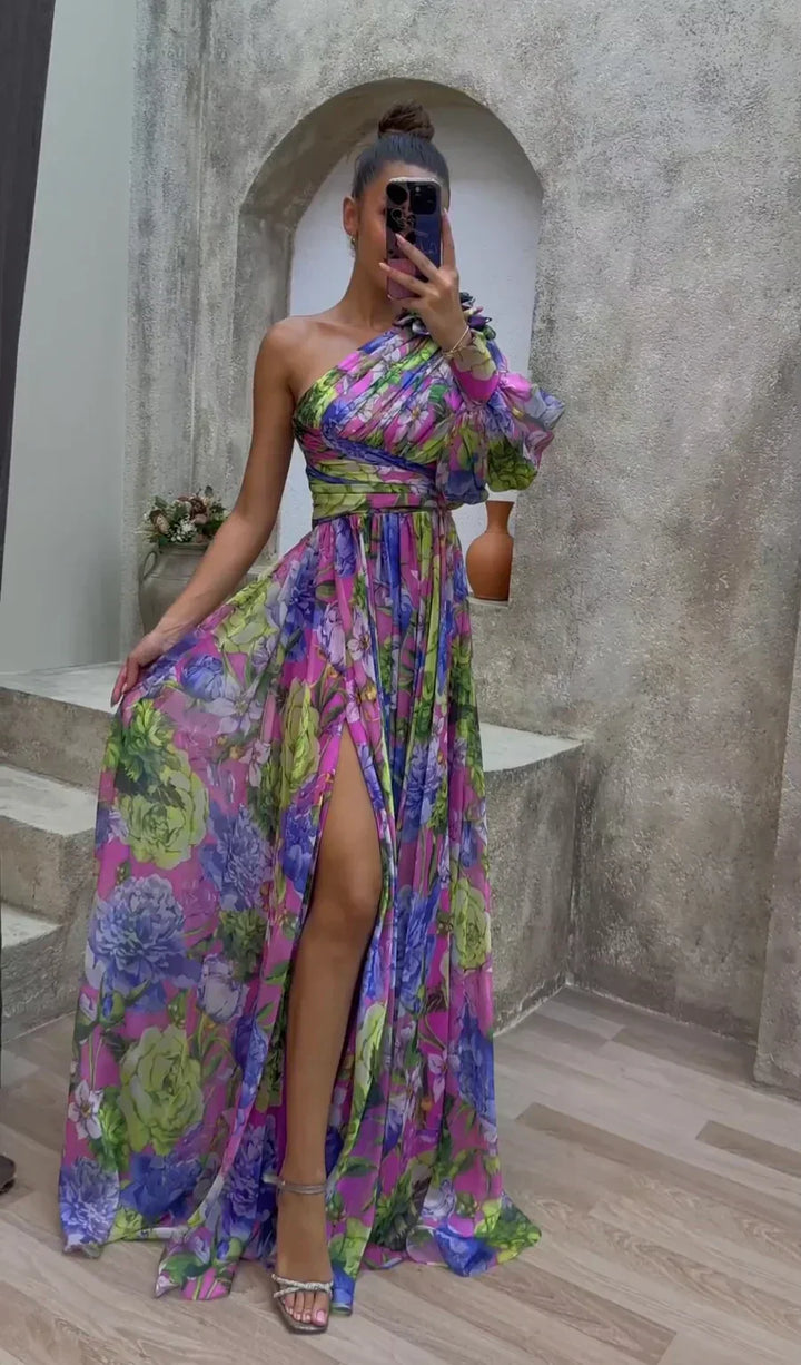Vestido de verano femenino atemporal, elegante, fluido, de un solo hombro con flores