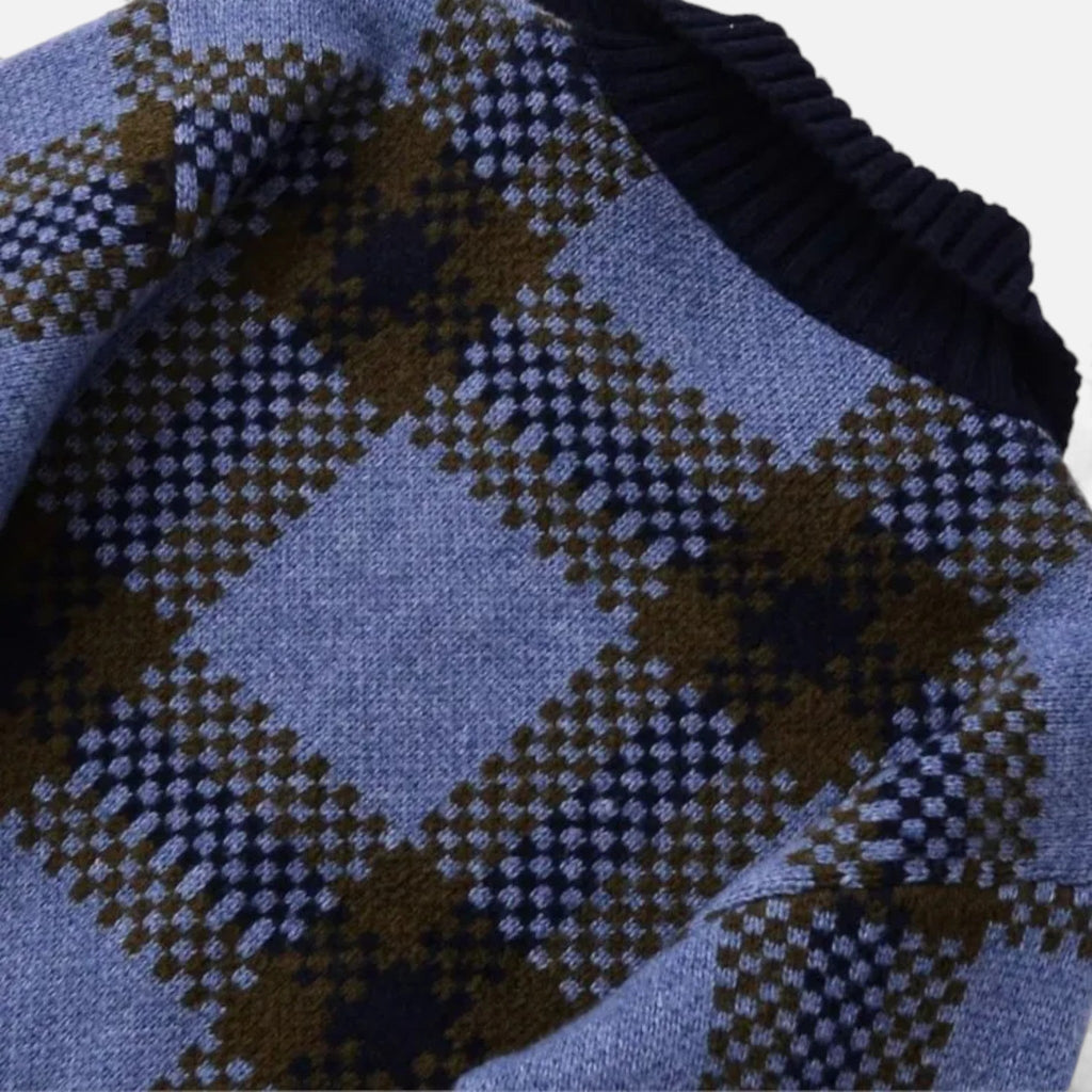 Women's Plaid Knitted Zipper Jacket with Turn-Down Collar
