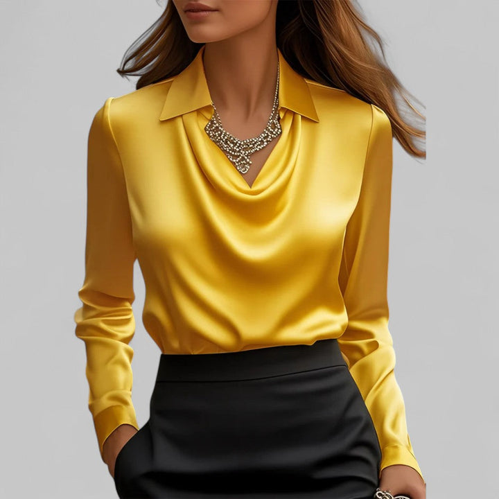 Satin Blouse with Draped Neckline and Long Sleeves