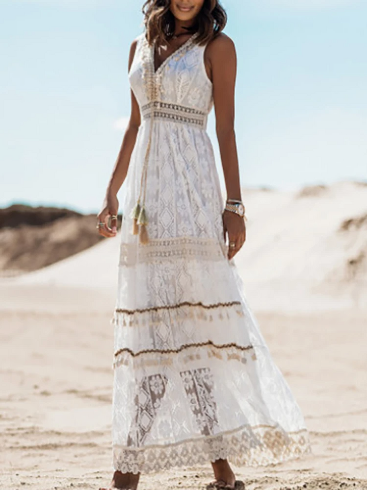 Vestido largo playero bohemio retro con cordón para mujer