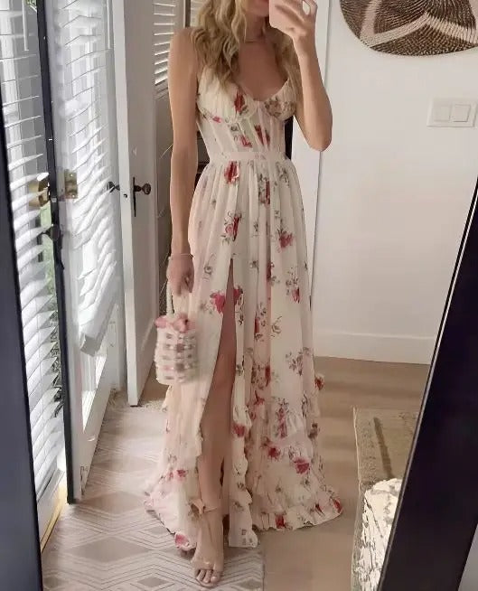 Floral Wedding Guest Maxi Dress with Feminine Detail