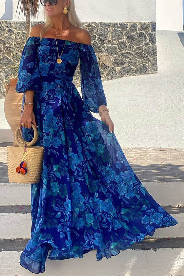 Vestido largo floral con hombros descubiertos para bodas nocturnas