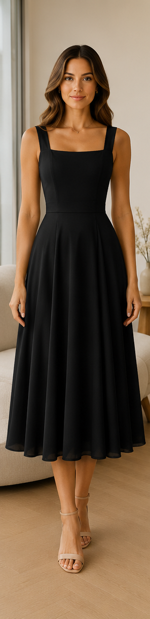 Women's Chic Flattering Long Midi Wedding Guest Dress with Square Neckline