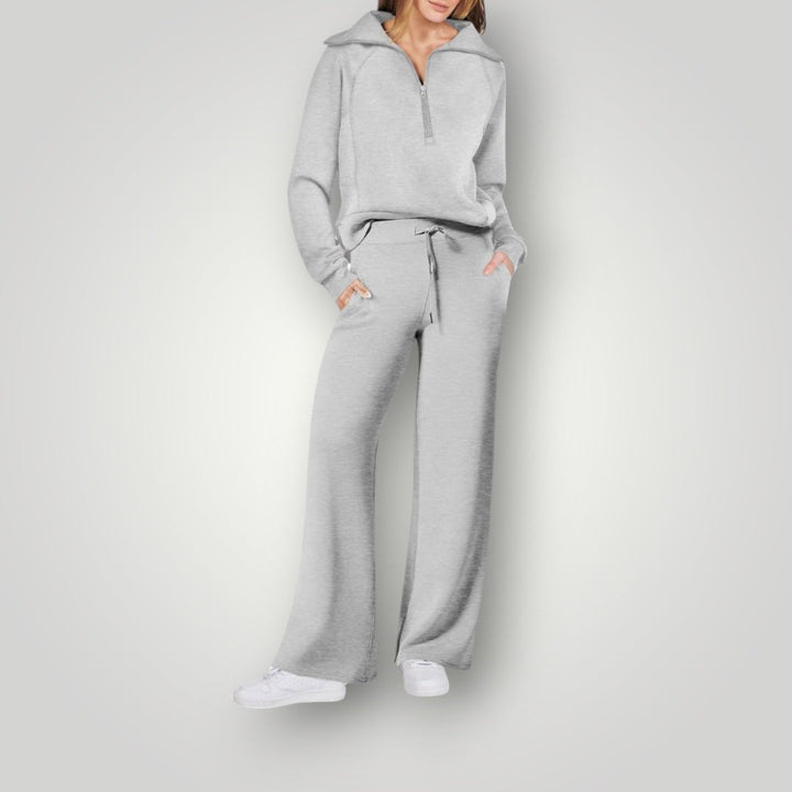 Conjunto de sudadera con media cremallera y pantalones de pierna ancha