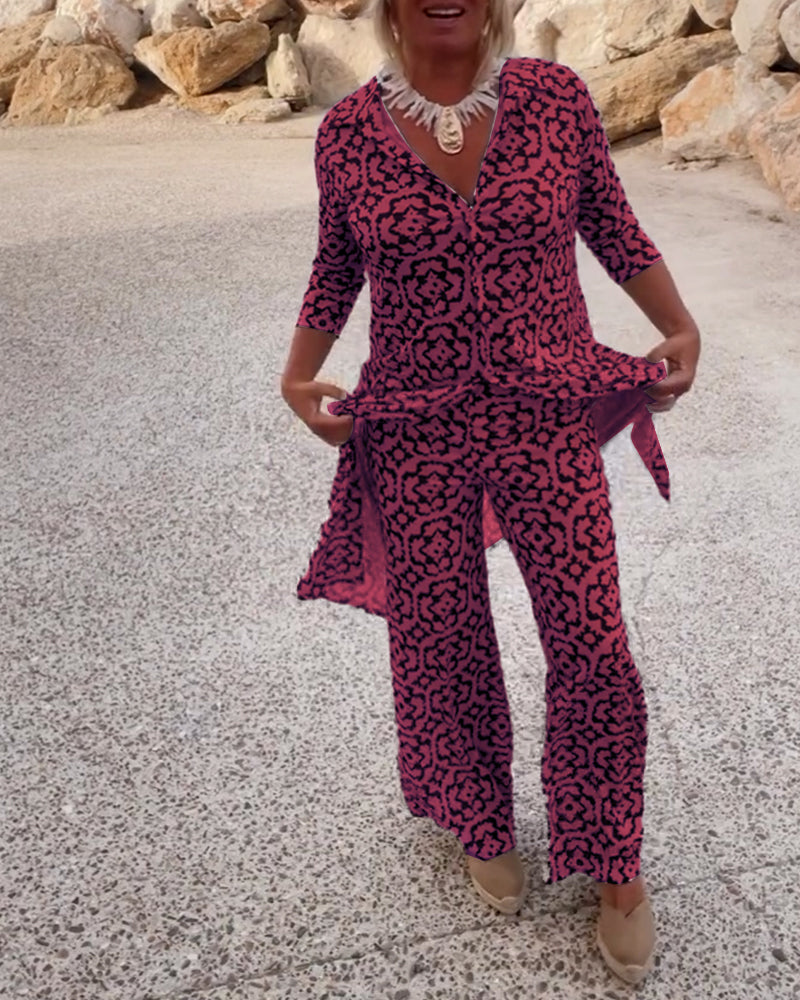 Conjunto de camisa larga estampada y pantalones rectos