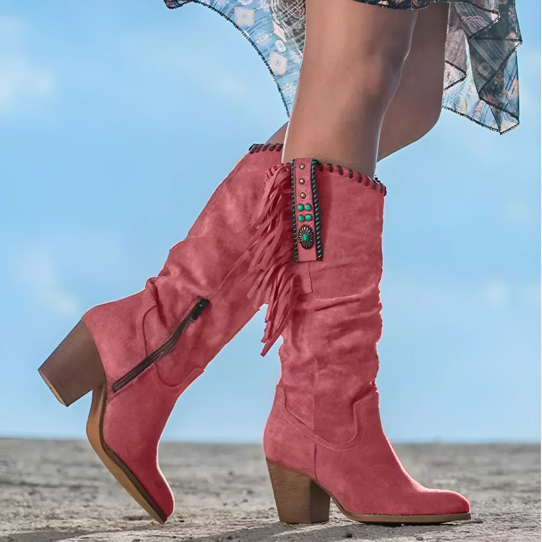 Casual Women's Knee High Boots with Sturdy Block Heel and Fringe Details