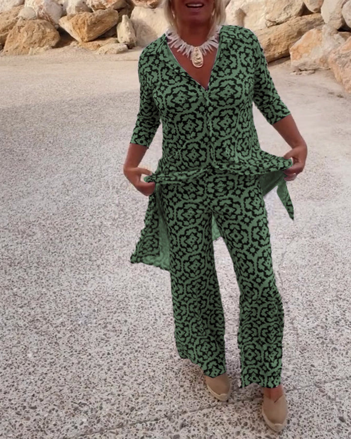 Conjunto de camisa larga estampada y pantalones rectos
