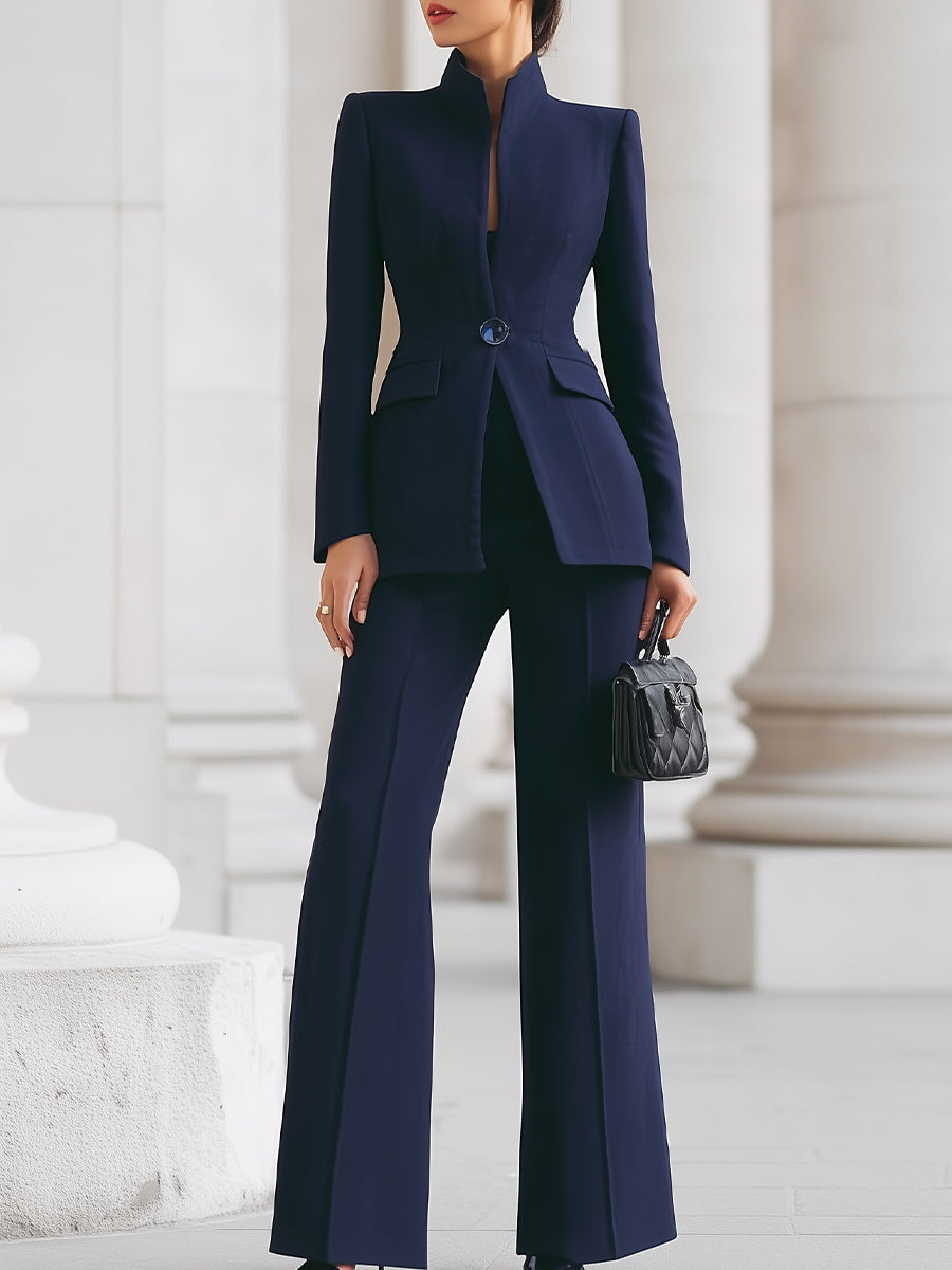 Stand Collar Wide-Leg Pants Suit Set