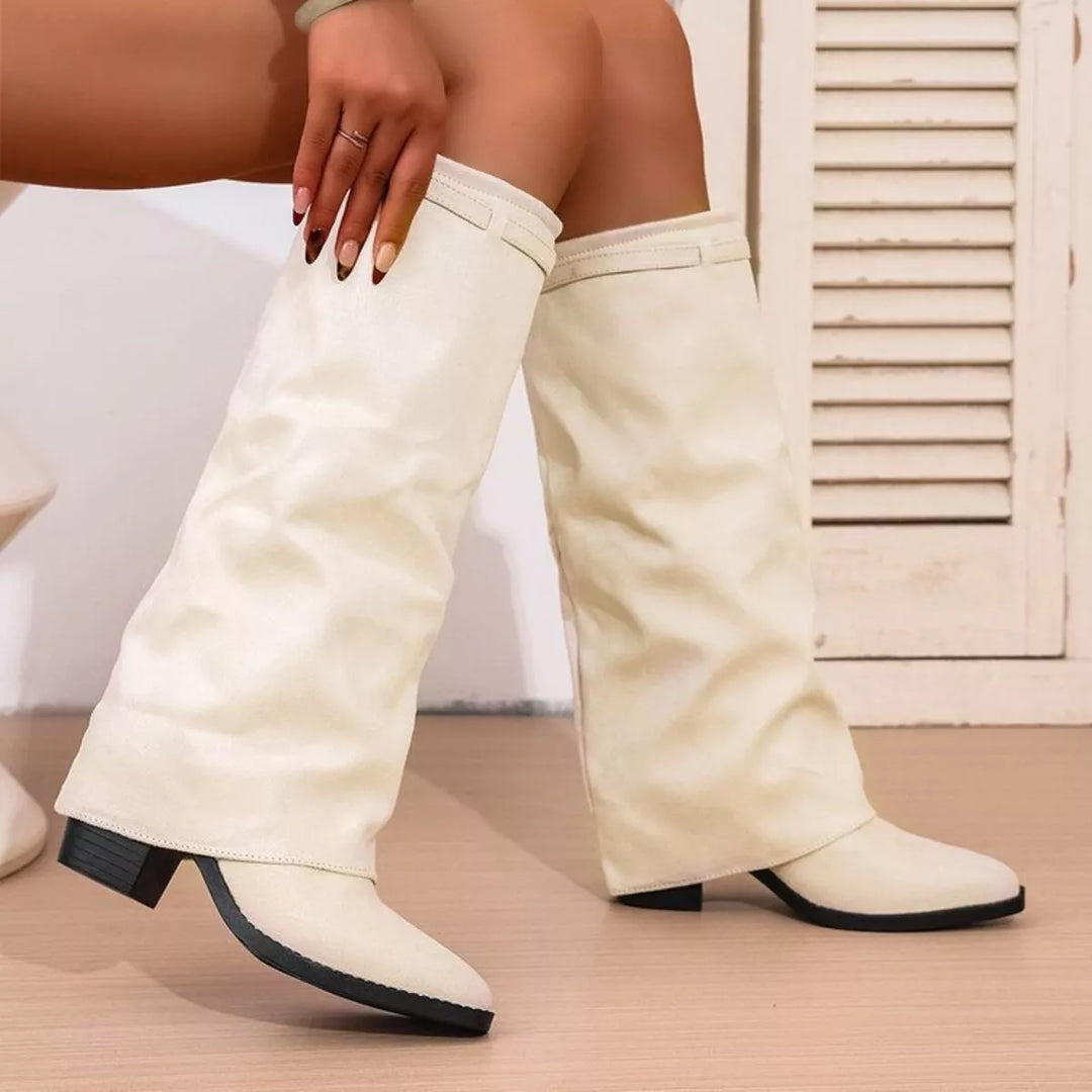 Botas elegantes para mujer hasta la rodilla con punta afilada y tacones bloque