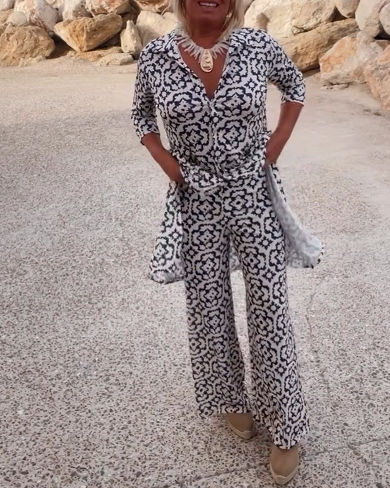 Conjunto de camisa larga estampada y pantalones rectos