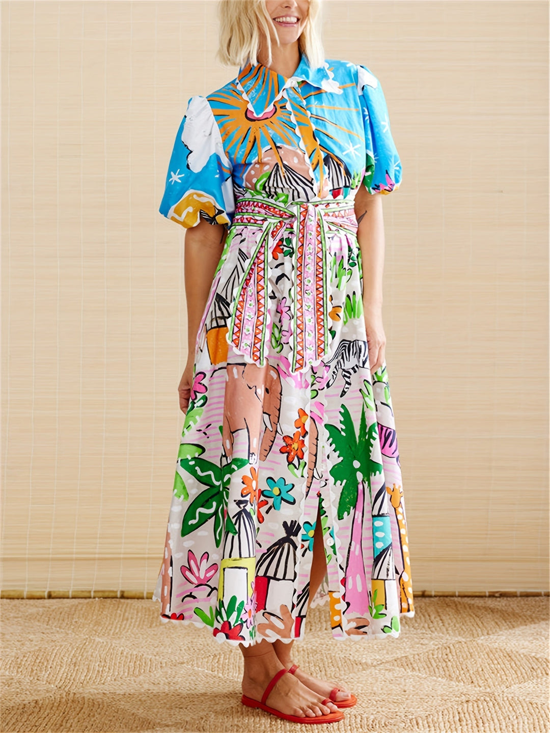 Women's Tropical Beach Midi Summer Dress with Lapel Neckline