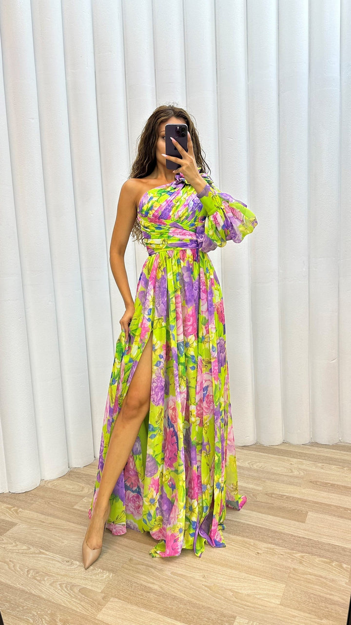 Vestido de verano femenino atemporal, elegante, fluido, de un solo hombro con flores