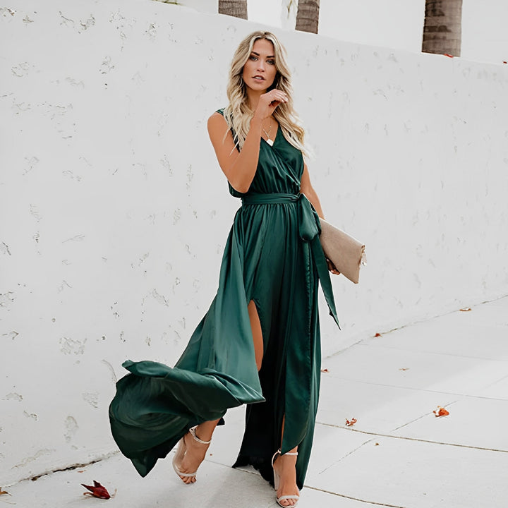 Vestido largo elegante para mujer con abertura y cinturón en la cintura para ocasiones especiales