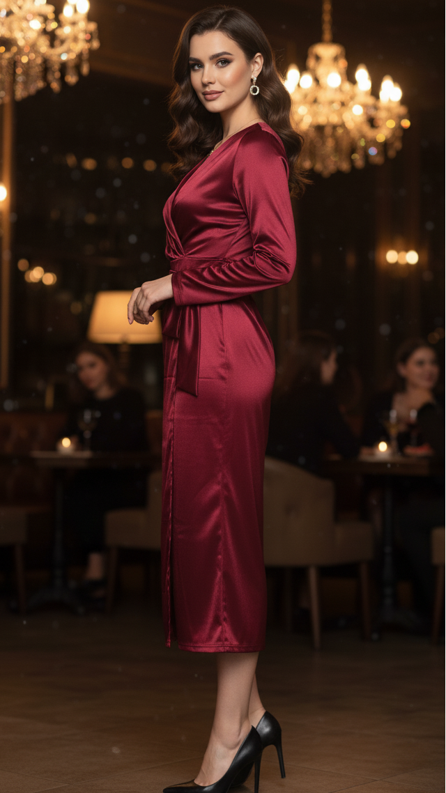 Elegancka sukienka wieczorowa na wiosenne uroczystości z kopertowym dekoltem midi dla kobiet