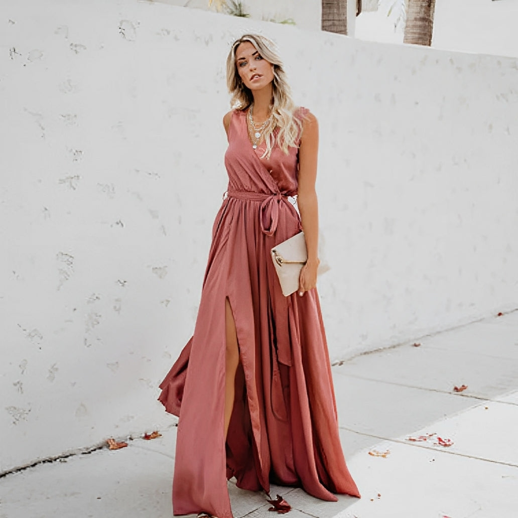 Vestido largo elegante para mujer con abertura y cinturón en la cintura para ocasiones especiales