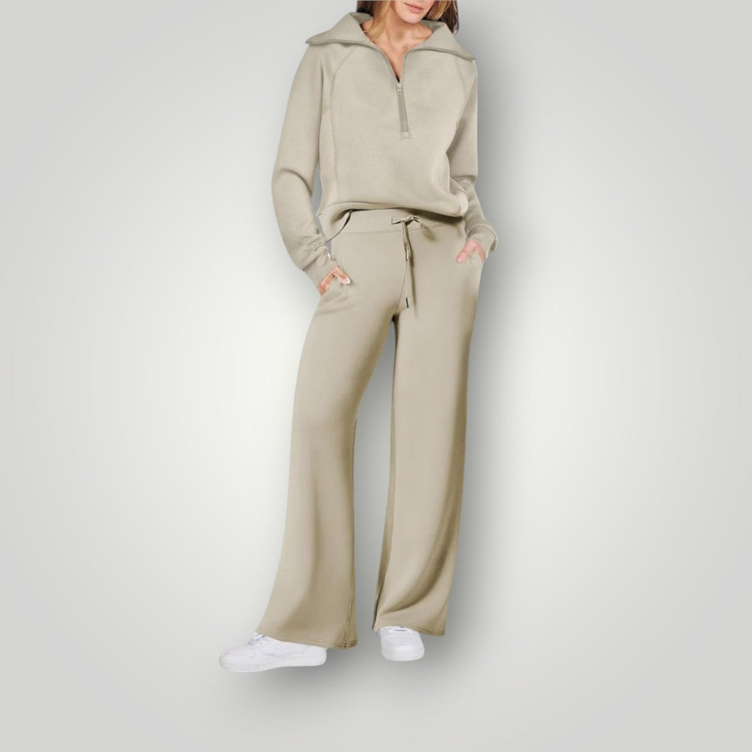 Conjunto de sudadera con media cremallera y pantalones de pierna ancha