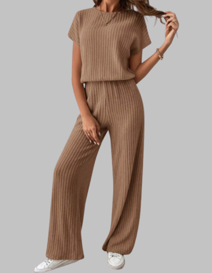 Ribbed Short Sleeve Wide-Leg Pants Set