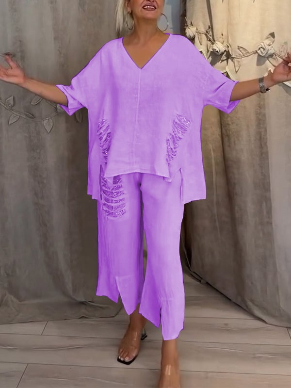 V-Neck Top and Cropped Pants Set