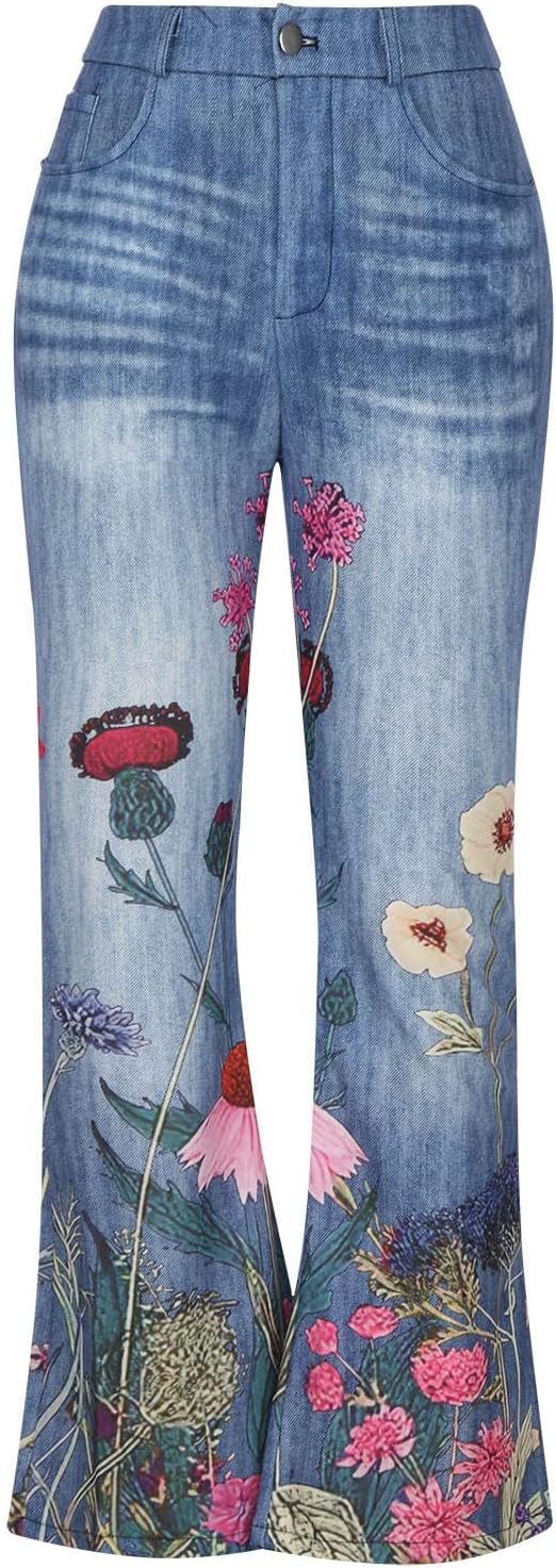 Nature Floral Denim Flare Jeans for Women