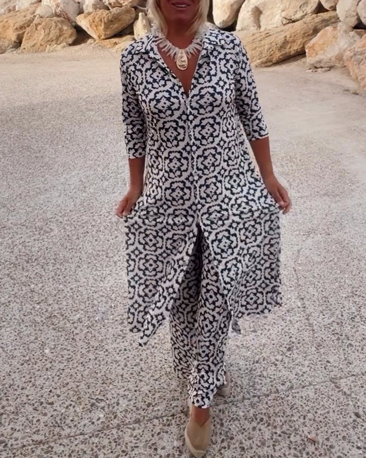 Conjunto de camisa larga estampada y pantalones rectos