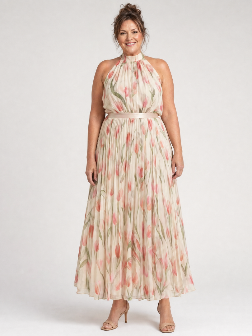 Vestido midi floral con cuello halter