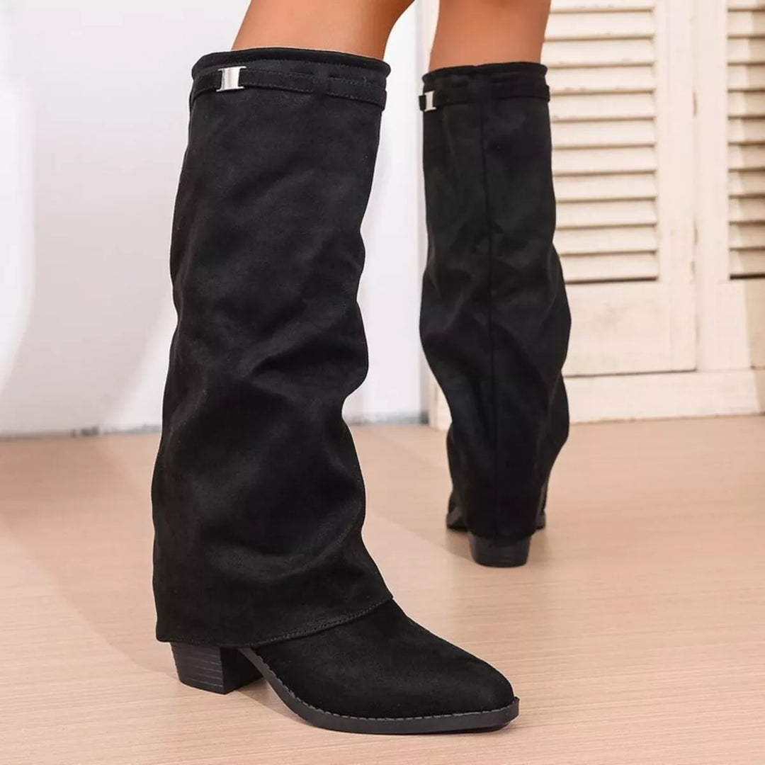 Botas elegantes para mujer hasta la rodilla con punta afilada y tacones bloque